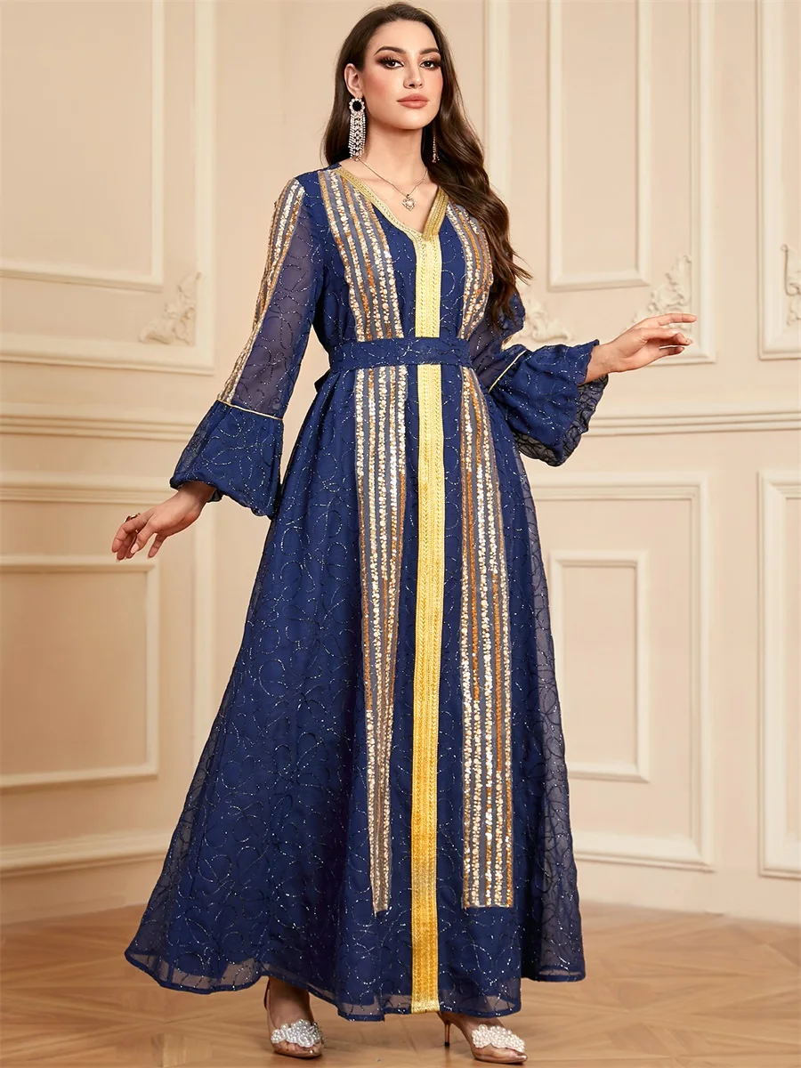 Siskakia Ramadan Dubai Стильные длинные платья с блестками и рукавами-лепестками v-образным