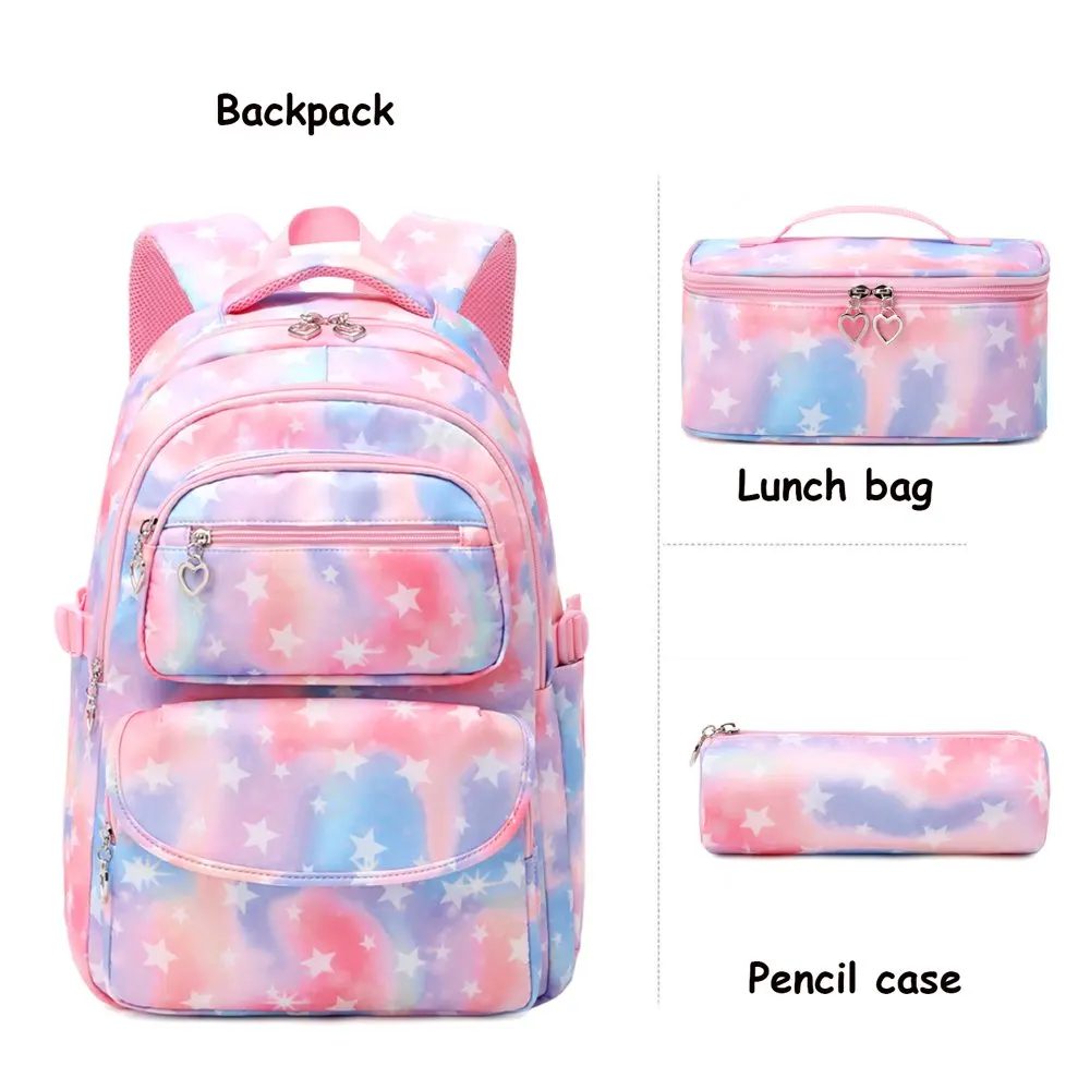 Star Printed Teens Girls Backpack with Lunch Bag and Pencil Case 3pcs ,Waterproof Lightweight Bookbag for Middle School Black