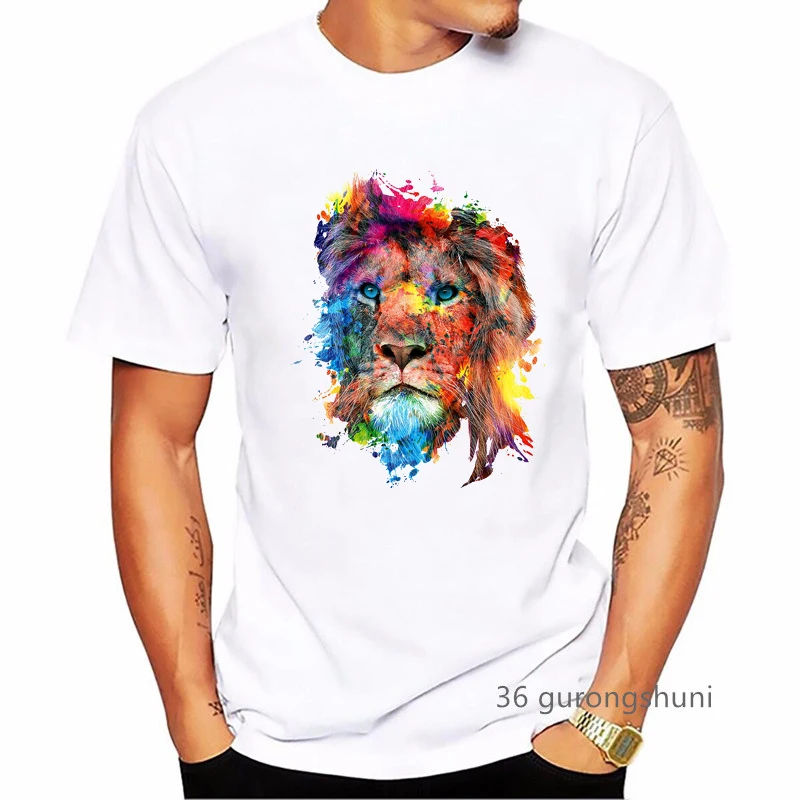 Купи Watercolor Lion Tiger Dog Animal Print T Shirt Men Clothes 2023 White Short Sleeve Tshirt Homme Harajuku Shirt Streetwear за 269 рублей в магазине AliExpress