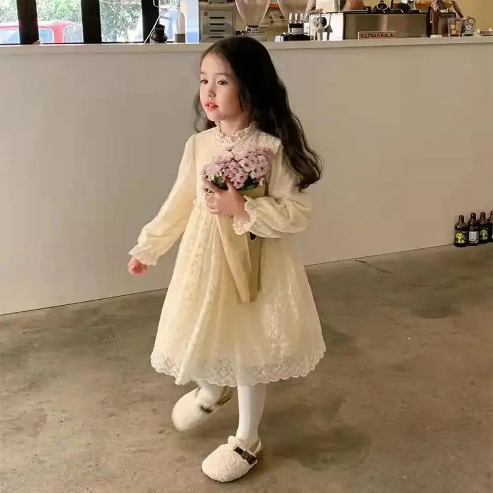 

Весеннее кружевное платье для девочек 2022, Детские бежевые платья принцессы с длинным рукавом для девочек, милое однотонное платье, детское ...