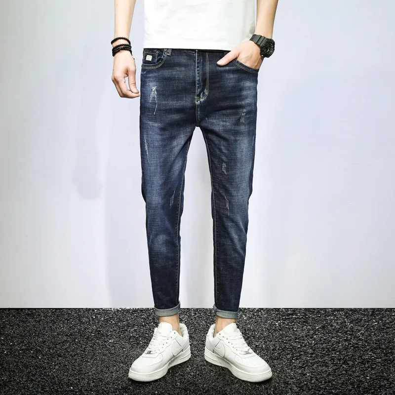 

Summer New Men Denim Pencil Pants Fashion Slim Elasticity Ankle-Length Pants High Quality Blue Men's Jeans