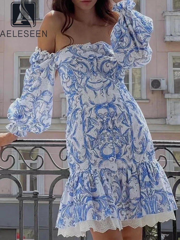 

AELESEEN модное летнее женское платье с длинным рукавом-фонариком и квадратным воротником красного и синего цвета с цветочным принтом, кружевное лоскутное мини-платье