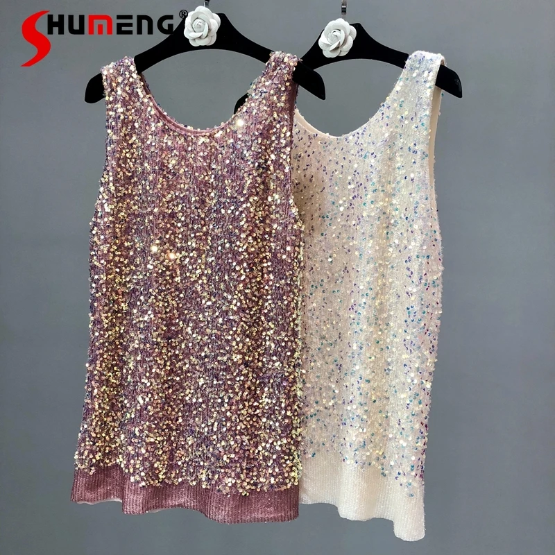

Spring 2022 New Y2K Loose Sleeveless Sequins Vest Outer Wear Trendy Shiny Inner Bright Silk Mid-Length Bottoming Shirt for Women