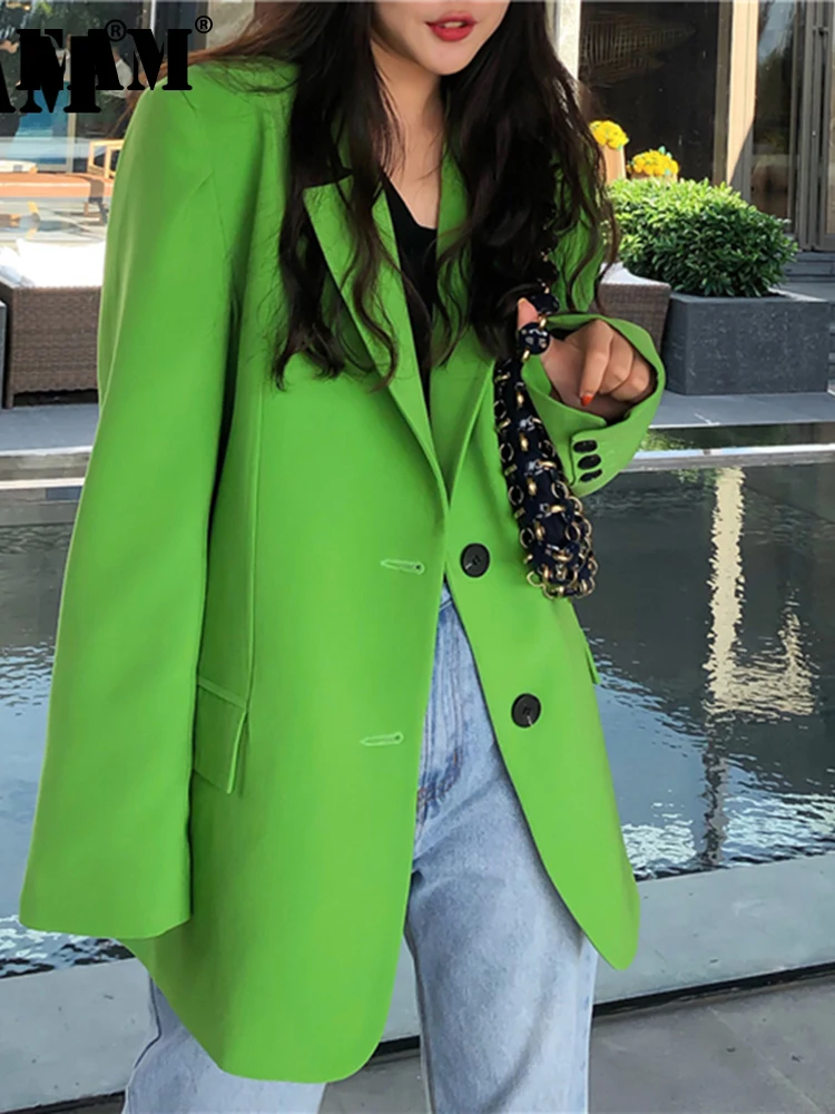 

[EAM] женский зеленый комбинированный Блейзер большого размера, новая свободная куртка с лацканами и длинными рукавами, модная демисезонная ...