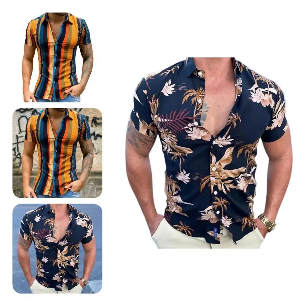 

Классическая мужская рубашка с отложным воротником, дышащая пляжная рубашка, Мужская винтажная полосатая рубашка