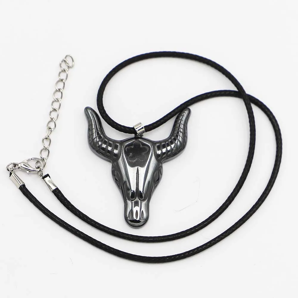 

Reiki Natural Stone Hematite Carved Cow Black Leather Rope Lobster Buckle Necklace Pendant Fashion DIY Jewelry Accessories Whole
