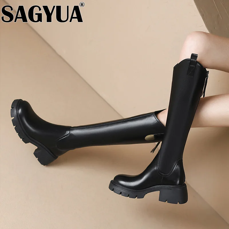 Женские сапоги до колена кожаная обувь на среднем каблуке зимняя брендовая 2025