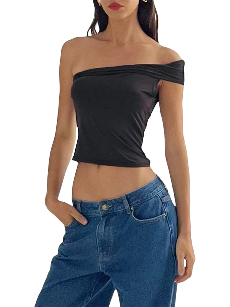 

Camisola de un solo hombro para mujer sin mangas de color sólido playera corta básica ajuste ajustado chaleco de verano