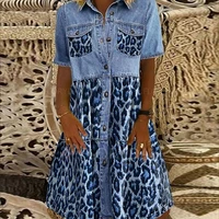 summer short sleeve leopard patchwork denim style dress women elegant turn down collar pockets party dress retro dress oversize