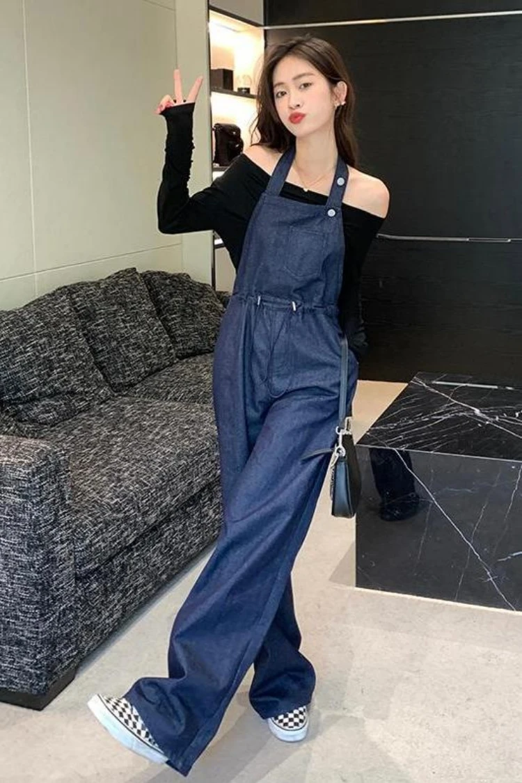 

High Waist Wide Leg Denim Jumpsuits Women Streetwear Cute Mopping Halter Neck Casual Loose Straight Overalls One-Piece Trousers