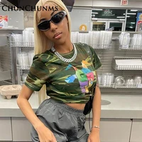 2022 summer camouflage printed short sleeve t shirt women sexy crop top street cargo shirts y2k gothic stranger things outfits