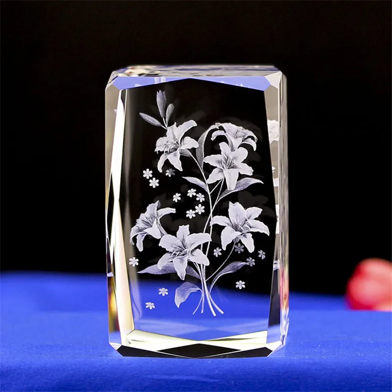 

Lovely Flower Laser Engraved Cube Quartz Crystal 3D Block Miniatures Best Christmas Present