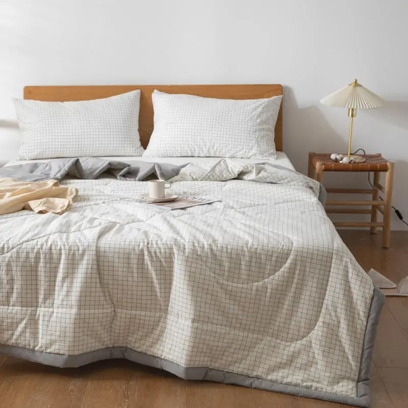

Summer Air Conditioner Quilt Soft Washed Cotton Thin Cool Blanket Duvet Feather Cotton Double-sided Plaid Comforter Quilts Throw