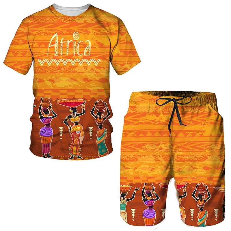 Summer Men's T Shirt Set African Style Tracksuit Suit Short Sleeve Clothing Daily Casual 2 Piece Streetwear Oversized Jogging