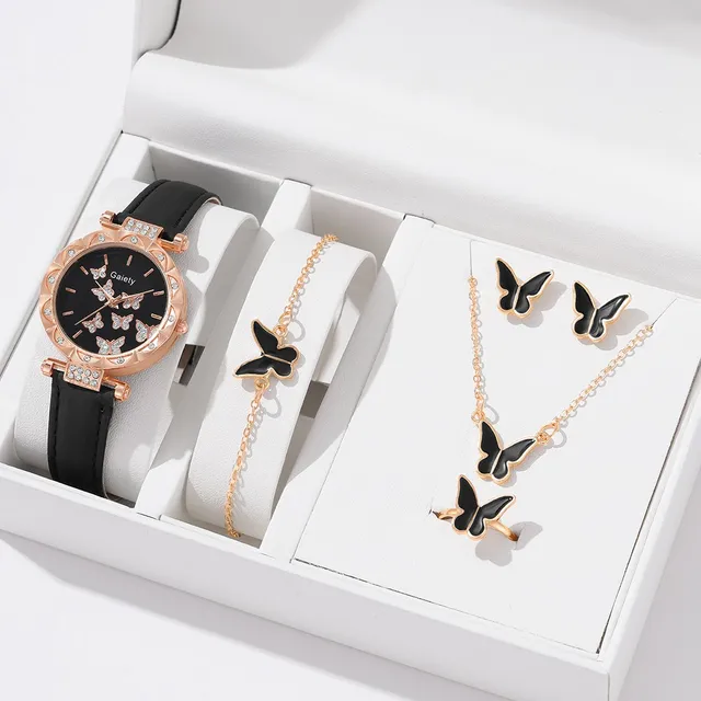 6pcs Luxury Watch Women Ring Necklace Earrings Bracelet Set Watches Butterfly Leather Strap Ladies Quartz WristWatch No Box 1