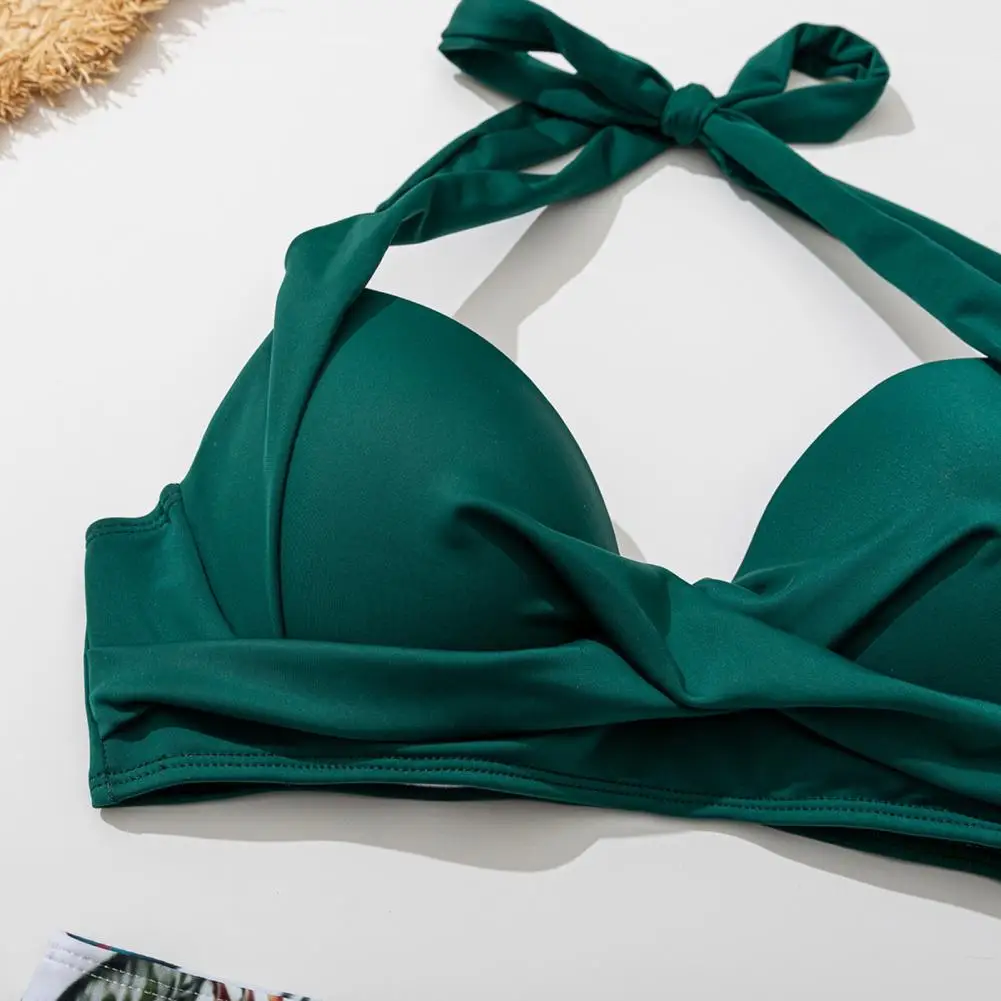 Комплект бикини женский однотонный с лямкой на шее и принтом листьев