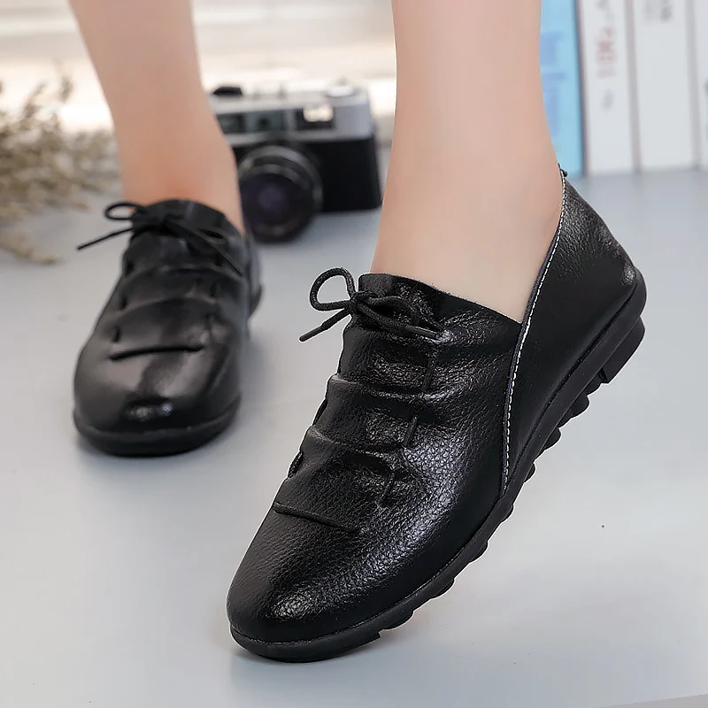 Women shoes 2022 new arrival spring lace-up pleated genuine leather flats shoes woman rubber party female shoes tenis feminino