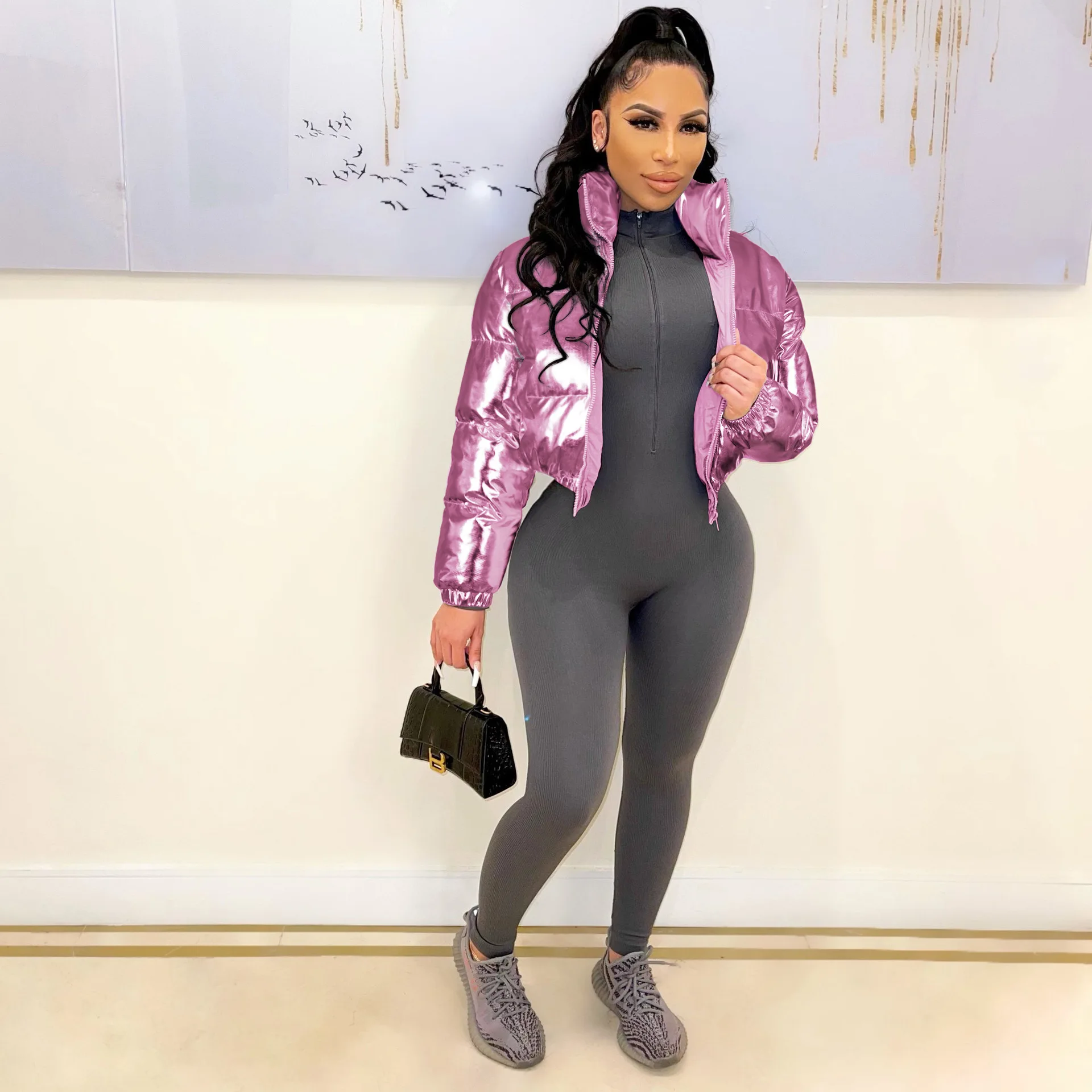 Women Solid Coating Cropped Puffer Coats Stand Collar Long Sleeve Casual Zipper Jacket 2022 Fashion Thick Warm Winter Coat