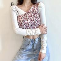 fashion floral print patchwork hollow out crop top women 2021 new autumn casual chic partysu long sleeve skinny tshirt mujer