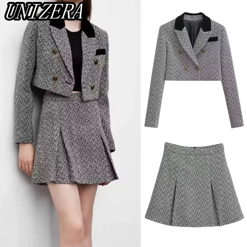 

UNIZERA Autumn/Winter New Women's Herringbone Pattern Short Suit Jacket + High Waist A-Line Skirt Two-piece Set