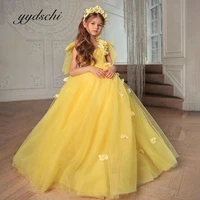 2022 princess yellow flower girl dresses for weddings tulle lace appliques pageant ball gown kids birthday party dress