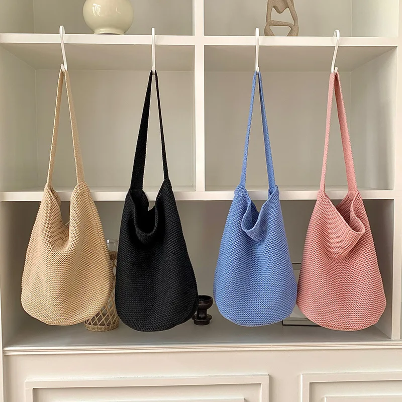 

Mori Girl Style Women Woven Large Capacity Handbag And Purse Shopper Tote Female Armpit Knitting Bucket Shoulder Bags Bolsa 2023
