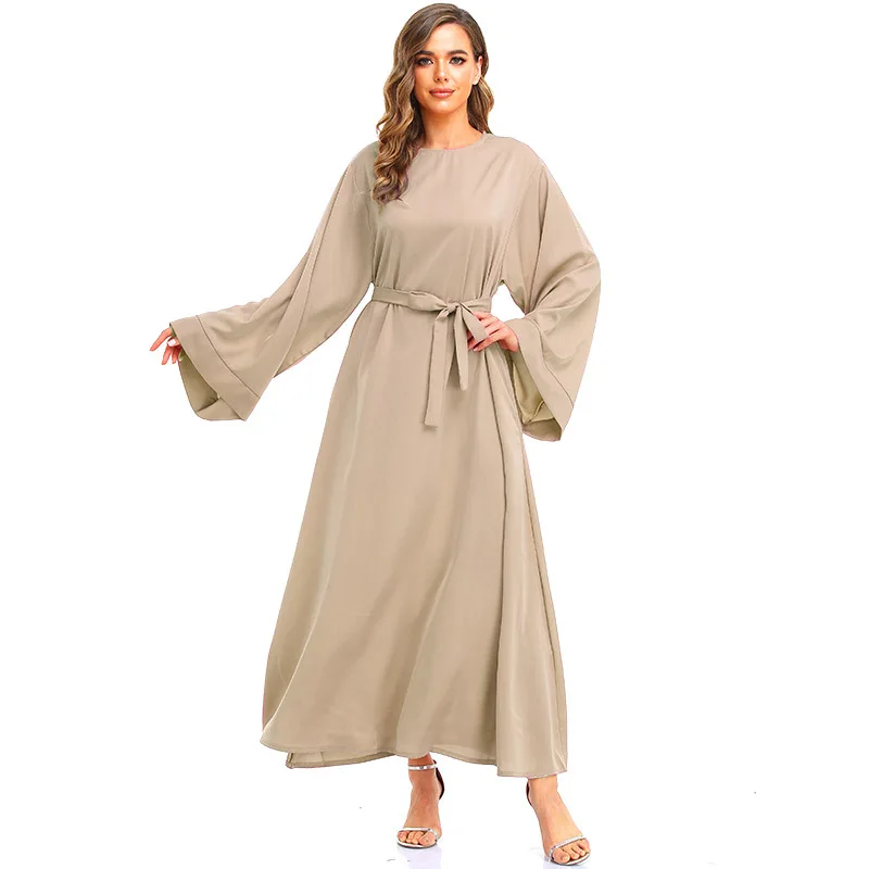 Muslim Abayat Solid Color Loose Lace Robe Femme Musulman Trumpet Sleeve Ladies Dress for Middle East, Europe and America