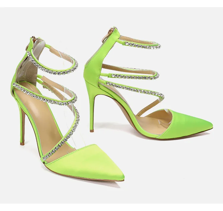 

Sexy Yellow Green Silk Thin Rhinestone Strap Pointed Toe Sandals High Heels Crystal Gladiator Cutout Pumps Banquet Dress Shoes