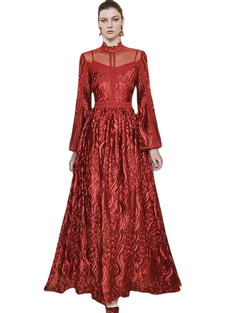 Autumn New Women's Fashion Celebrity Party Vintage Elegant Designer Lace Embroidery Mesh Dresses Long Dress Runway High Quality