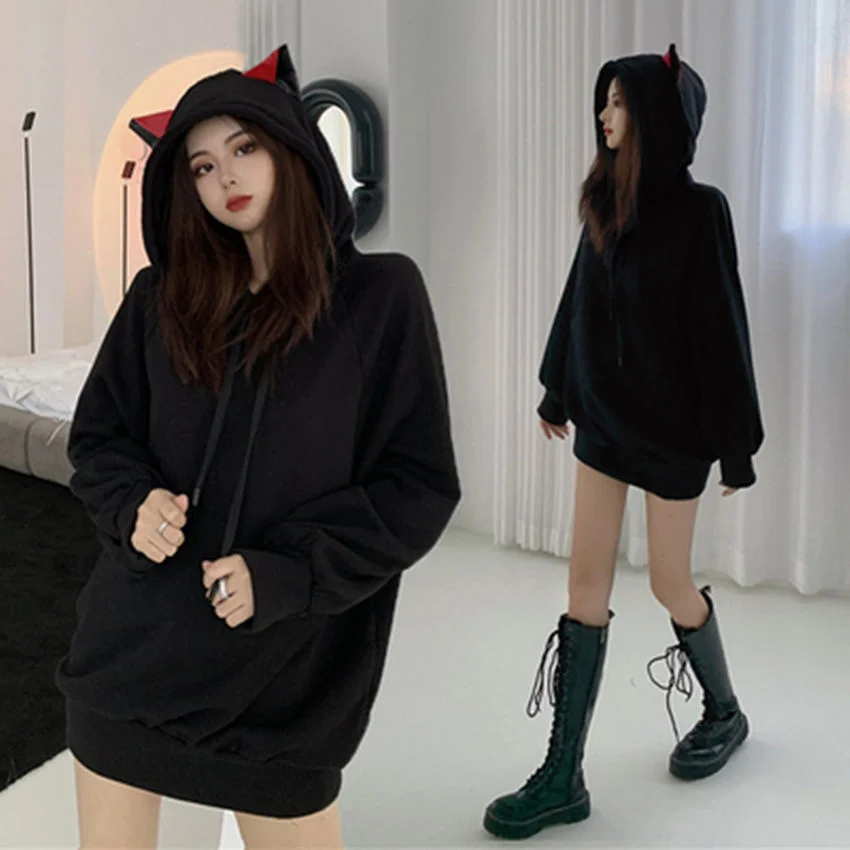 

Solid Ladies Autumn Winter Cat Ears Hooded Sweatshirt Women Long Sleeve Kawaii Tops Loose Korean Pullover Hoodies Clothes Thick
