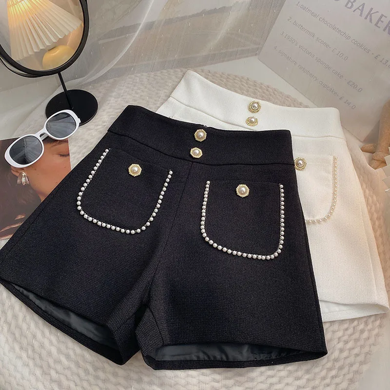 

Korean Fashion Wide Leg Shorts Women High Waist Ladies Workwear Short Pants Summer Elegant Pearl Beading Shorts Feminino