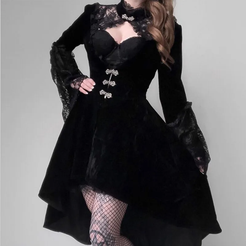 

Элегантное готическое платье в стиле ретро черное кружевное черное платье принцессы в стиле Лолиты длиной до колен крутое привлекательное ...