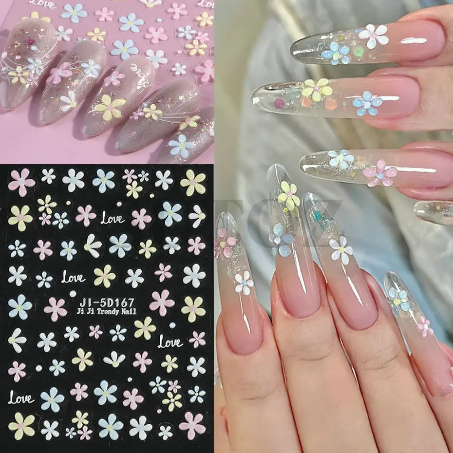 5D милые красочные цветы наклейки для дизайна ногтей тисненый цветок лето весна