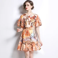 simgent women dress print fashion 2022 summer lantern sleeve a line elegant vintage dresses vestidos female clothing sg24113