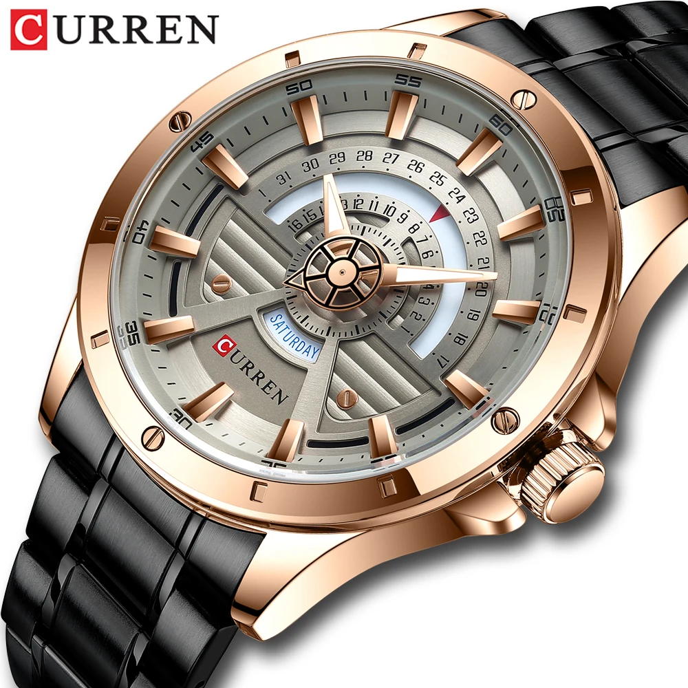 

CURREN New Casual Sport Date Men's Watches Stainless Steel Band Wristwatch Big Dial Quartz Clock with Luminous Pointers