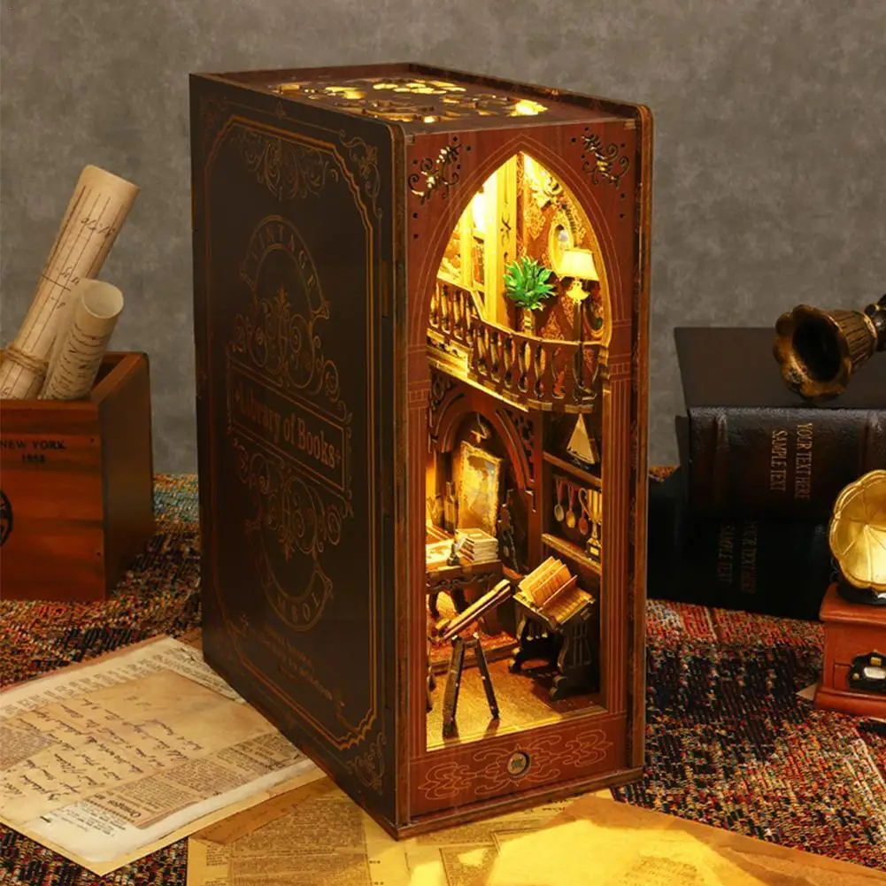 

Diy Wooden Book Nook Miniature House Booknook Shelf Decoration Model Led Home Bookstore Lights Eternal Insert Retro Q2n9