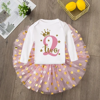 Two Cute Baby Girl 2nd Birthday Party Pink Tutu Cake Outfits Infant Dresses Girls Baptism Dress Clothes Girl Set Dress+Bodysuits 1