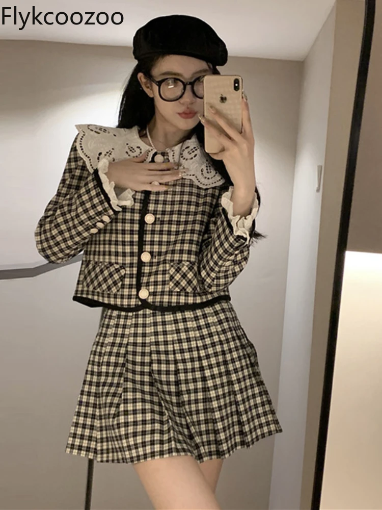 

Женский костюм Flykcoozooi в стиле ретро Y2k, короткий клетчатый пиджак и юбка для девушек, 3 предмета, винтажный синий, в стиле преппи, в стиле Харад...
