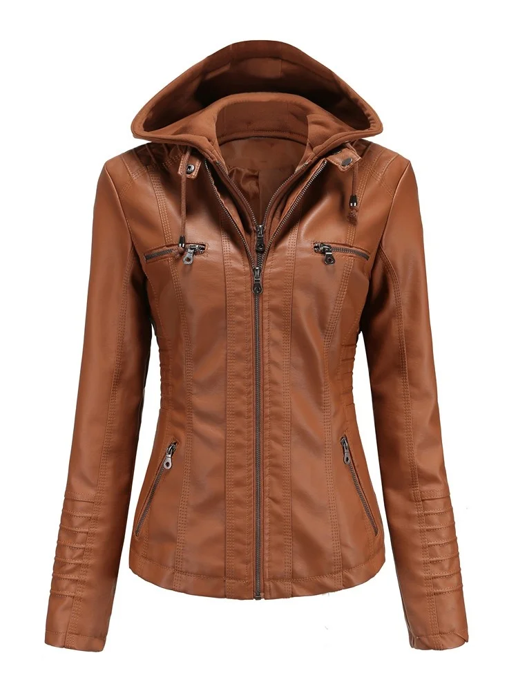 

Autumn Winter Pu Faux Leather Jacket Black Women Street Moto Biker Leather Coat Hooded Jacket Lady Oversize Casual Outerwear