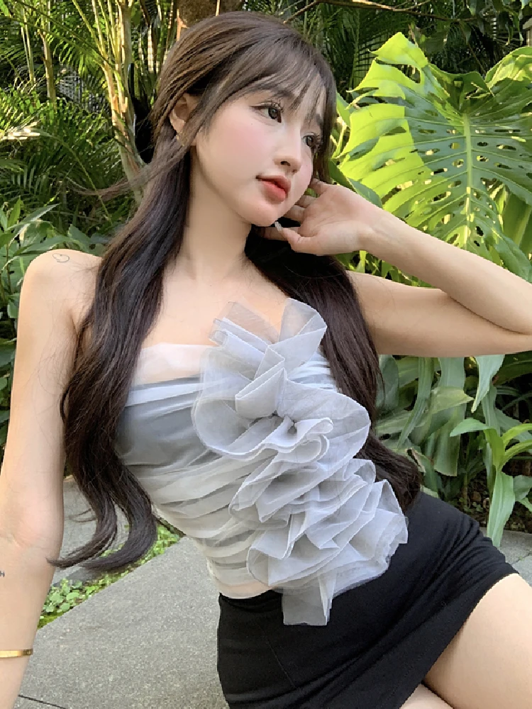 

Korean Sexy Mesh Splicing Flower Sweety Basic Shirt Top Summer Fashion Halter Sleeveless Elegant Slim Vintage Tube Top Tank 2022