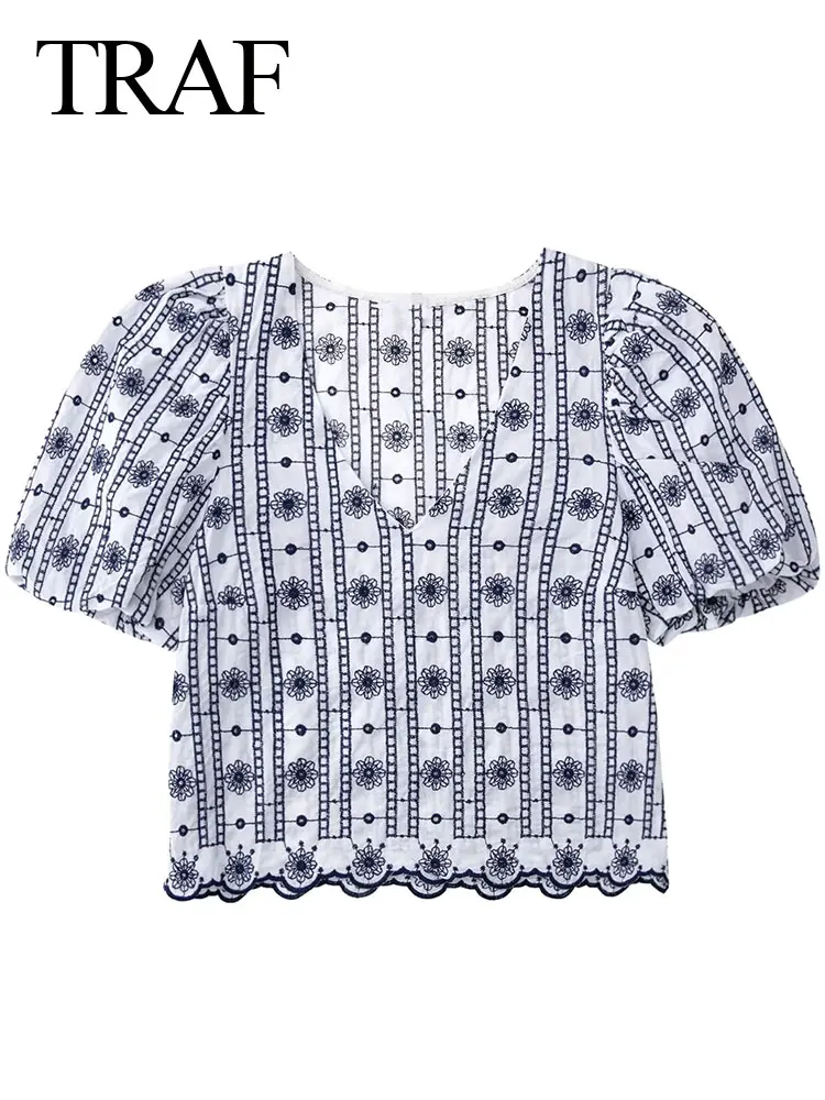 

TRAF Elegant Fashion V-Neck Lace Hem Short Sleeve Women's T-Shirt Top Cotton Skin-Friendly Embroidered Pattern Ladies Top