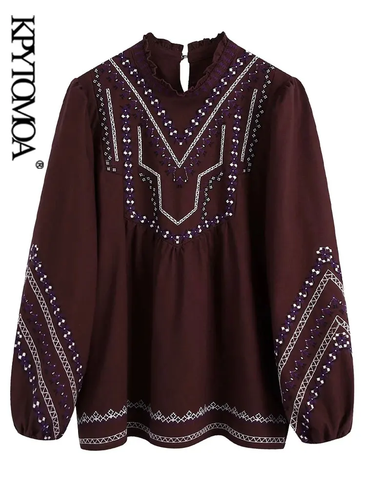 

KPYTOMOA Women Fashion Contrast Embroidery Blouses Vintage Long Puff Sleeves Back Buttoned Female Shirts Blusas Chic Tops