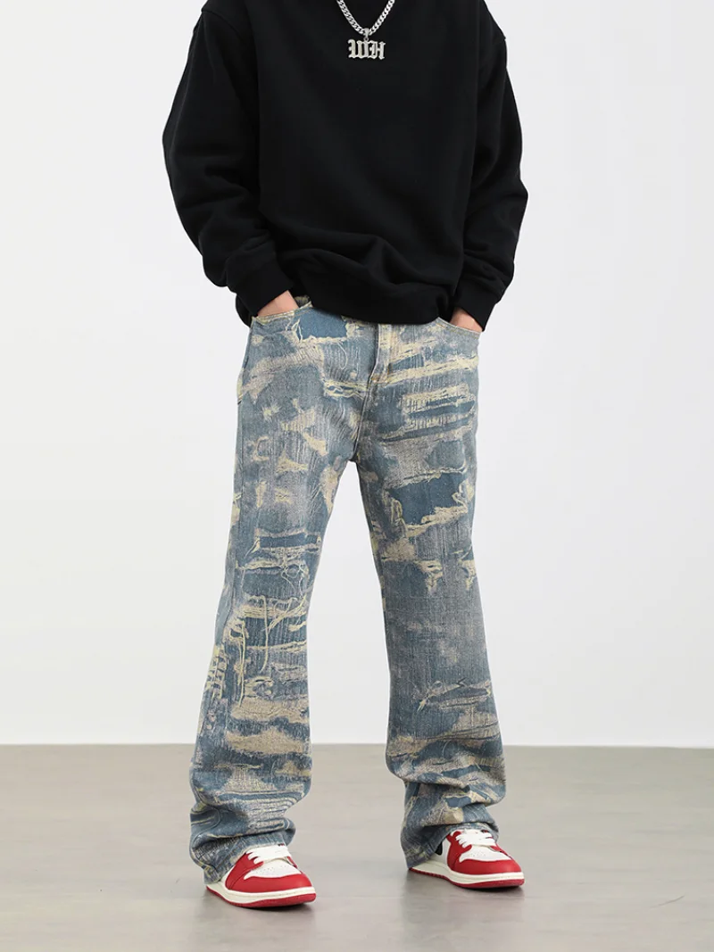 Men Fake Ripped Destroied 3D Printed Denim Jean Pants Fashion Biker Jeans Streetwear Loose Straight Pants Jogger Y2k Men’s Jeans