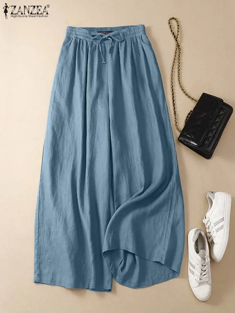 

Брюки ZANZEA Женские однотонные с широкими штанинами, повседневные Модные свободные винтажные длинные брюки большого размера со шнуровкой, лето 2023