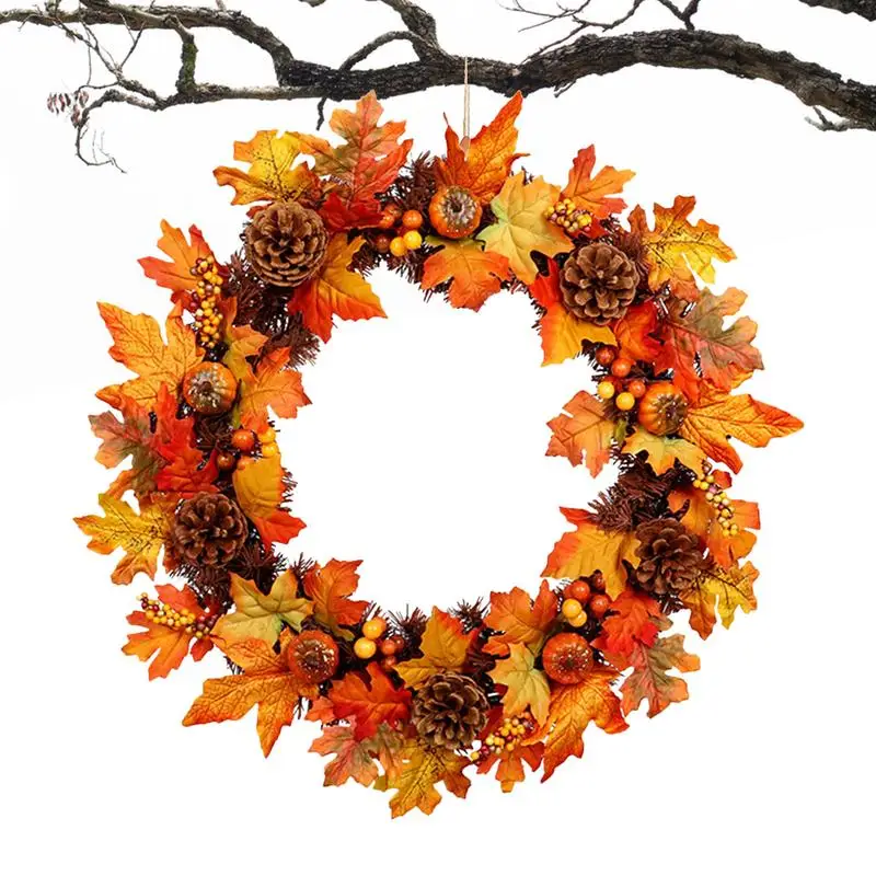 

Осенний дверной венок, Осенние украшения для входной двери, деревенский круглый настенный венок с кленовыми листьями и тыквой на День Благодарения