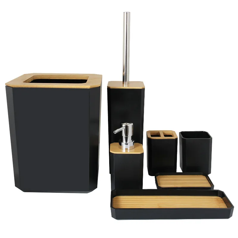 Bamboo Bathroom Accessories Set Plastic Bathroom Kit Soap Dispenser, Toothbrush Cup, Soap Dish, Toilet Brush Holder,Trash Can