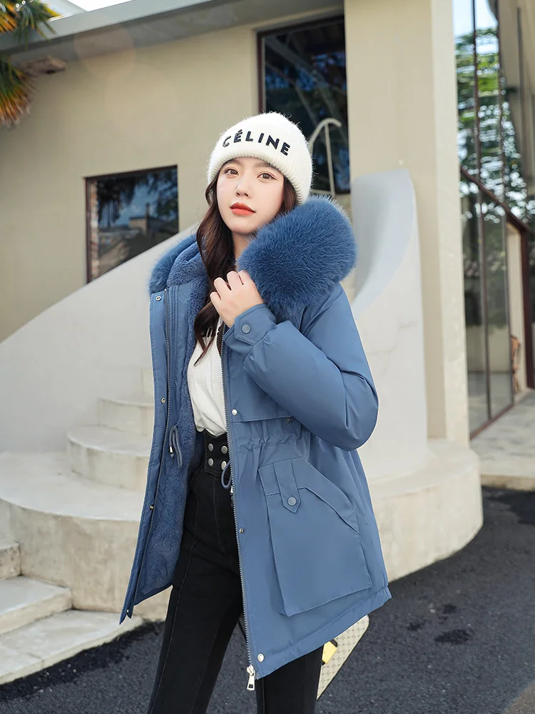 2022 New Winter Big Pocket Jacket Women Parka Fashion Wool Liner Hooded Coat Loose With Fur Collar Warm Snow Wear Padded Clothes