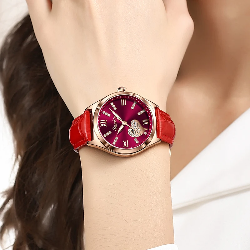 SUNKTA Diamond Heart Dial Watch Fashion Temperament Waterproof Watches Female High-level Female Luxury Watches Women Reloj Mujer