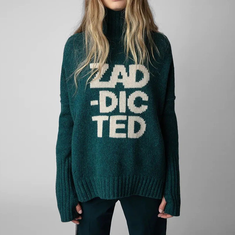 

100% wool women Turtleneck sweater Letters jacquard long sleeve fashion lady knit pullover tops