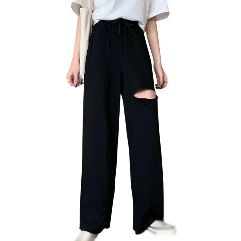 

Women's High Waist Casual Pants High Waist Korean Version Women's Clothing Solid Color Floor Pant Drape Hole